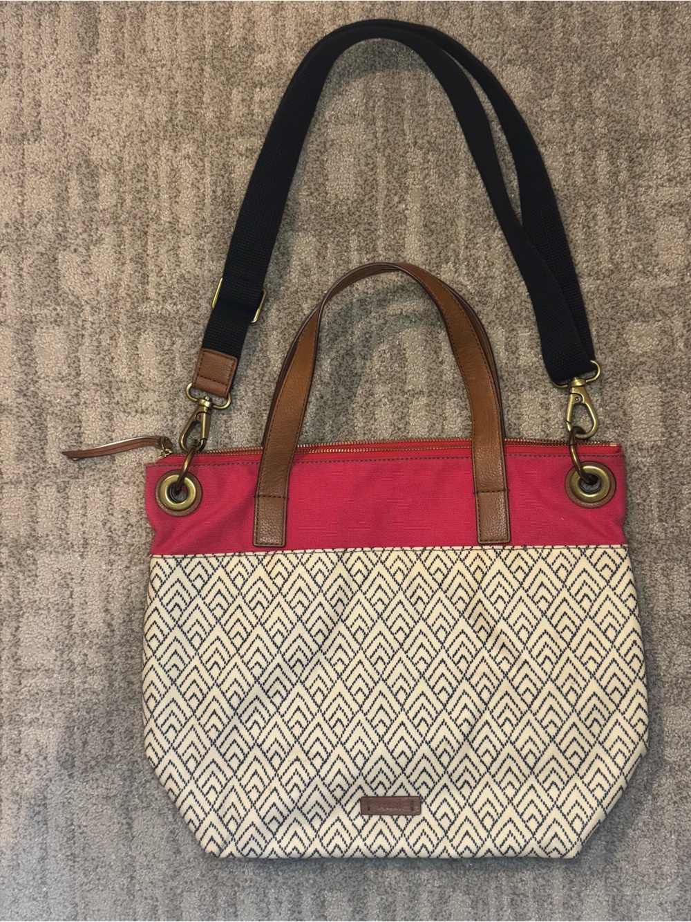 Fossil Keely Tote Brown leather bottom pink/ red and Geometric Canvas bag purse